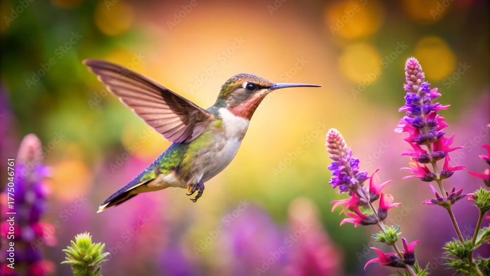 Fototapeta premium A Vibrant Hummingbird in Flight, Hovering Near Colorful Blossoms in a Lush Garden