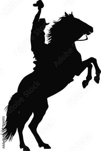 Silhouette cowboy riding rearing horse sunset desert western scene vector