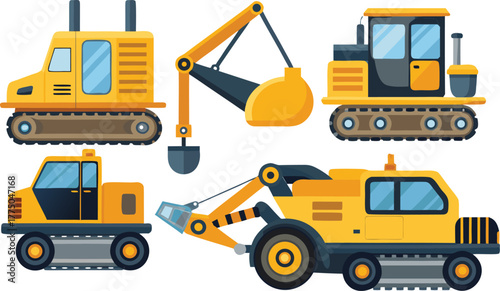 Vibrant collection of yellow construction vehicles including excavators, diggers, and bulldozers ready for heavy duty projects