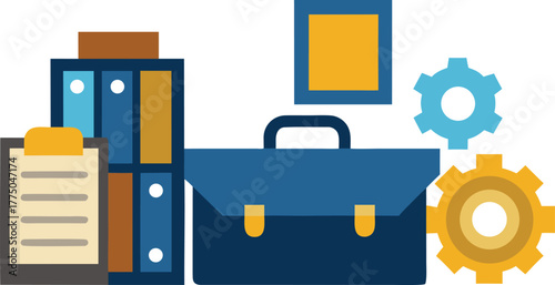 Professional briefcase, filing cabinet, clipboard, and gears symbolize business strategy, workflow, and success in a modern, organized corporate environment.