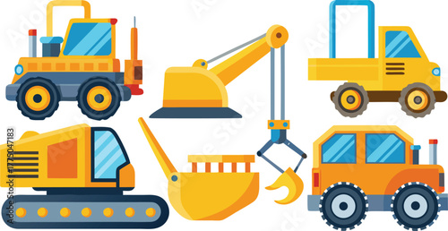 Vibrant collection of stylized construction vehicles, including excavators, loaders, and trucks, perfect for engaging educational or playful projects.