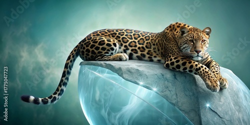Majestic Leopard Resting on a Glacial Rock Formation with an Ethereal Glow