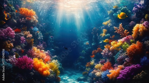 Wallpaper Mural Vibrant underwater coral reef illuminated by sunlight with diverse colorful corals and tropical fish swimming peacefully Torontodigital.ca