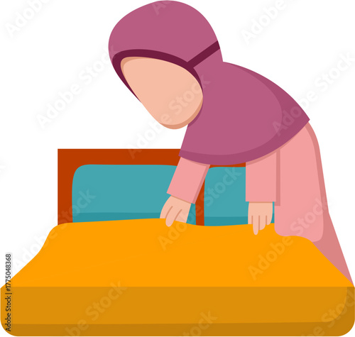 Hijab Girl Making Bed Illustration 