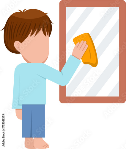 Little Boy Cleaning Mirror Illustration 