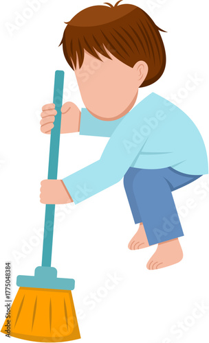 Little Boy Sweeping With Broom