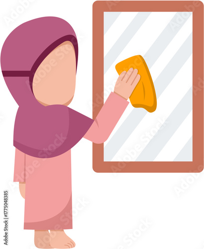 Hijab Girl Cleaning Mirror Illustration