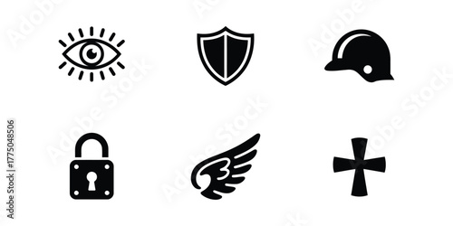 Security icon set. Collection of six black and white hand drawn icons representing protection security faith and vigilance on a white background