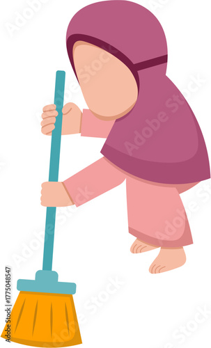 Hijab Girl Sweeping With Broom