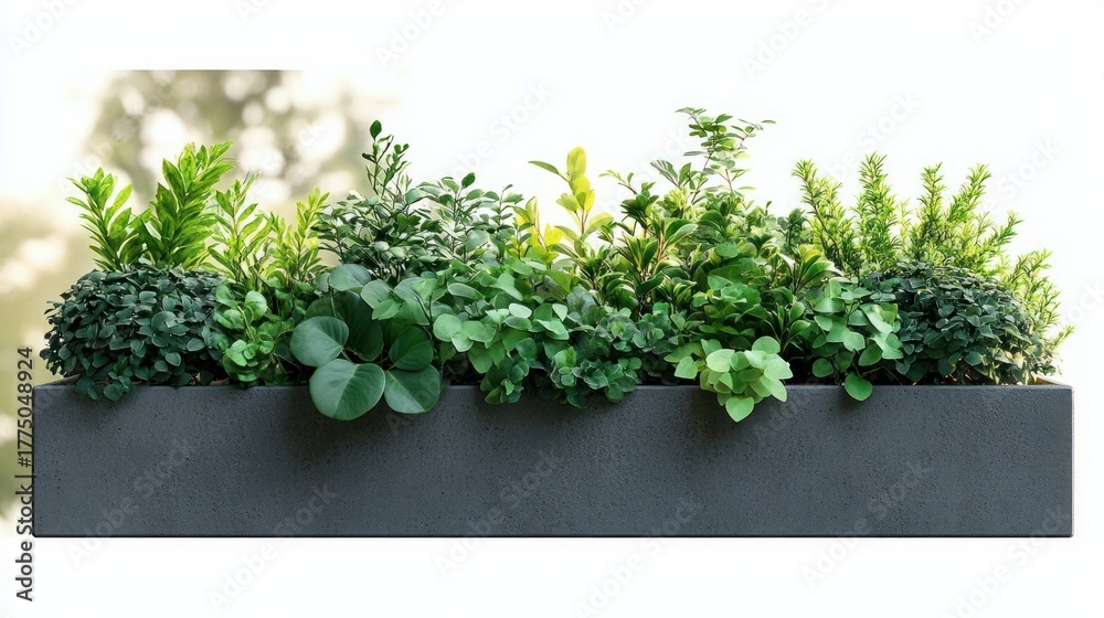 Fototapeta premium Rectangular modern planter filled with a variety of lush green plants and small shrubs against a bright background