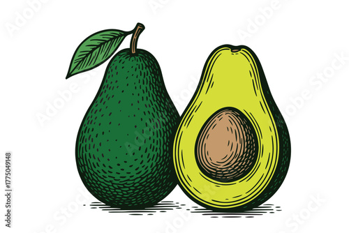 Vector illustration of a sliced avocado showing its brown seed and creamy yellow flesh, designed in a clean and minimalist style that highlights freshness and natural texture.