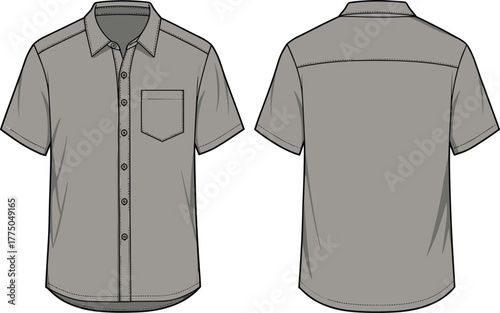 Short sleeve button up shirt vector illustration with collar, chest pocket, front placket, back yoke, technical flat fashion garment design