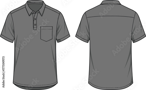 Short sleeve polo shirt vector illustration with collar, three button placket, chest pocket, cuffed sleeves, back yoke, technical flat fashion design