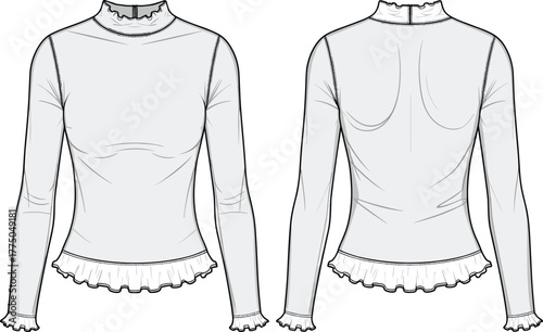Technical fashion flat sketch of women's fitted long sleeve top with ruffled neckline, hem, cuffs, and back zipper closure detail