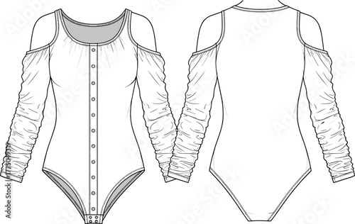 Vector fashion illustration of women’s cold shoulder bodysuit with ruched long sleeves, button front closure, technical sketch front back view