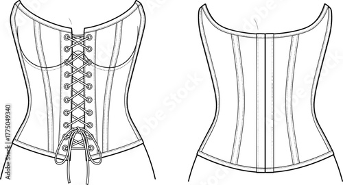 Women’s corset technical flat fashion vector illustration with lace up back, structured seams, boning details, garment design template for apparel