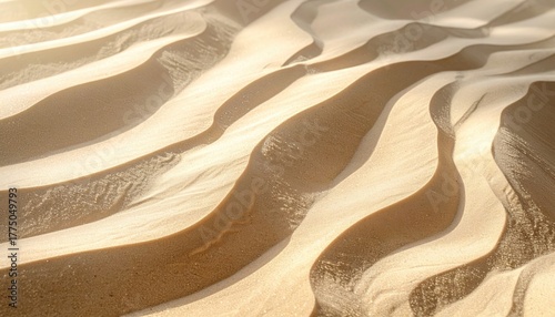 Fototapeta Naklejka Na Ścianę i Meble -  Close up of rippled sand dunes with warm sunlight casting long shadows creating abstract natural patterns and textures in a desert landscape.
