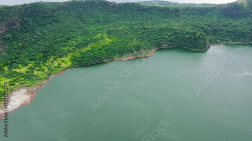 Scenery of Crater lake on the top of Taal volcano. Aerial drone. Green lake, Taal Volcano
