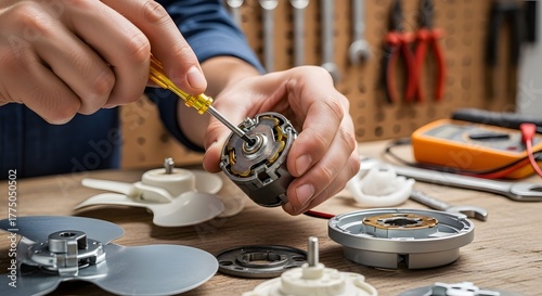 Hands Repairing Small Electric Motor with Screwdriver on Workbench, Highlighting DIY Electronics and Technical Maintenance