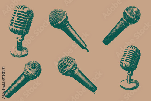 Modern Retro microphone vector illustration. Grunge paper collage sticker for karaoke night or music festival poster. Eps 10