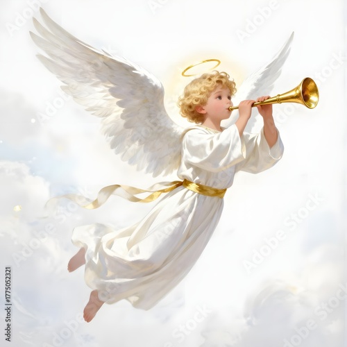 Radiant Digital Painting of a Child-like Angel with White Wings, Playing a Golden Trumpet While Floating on Clouds