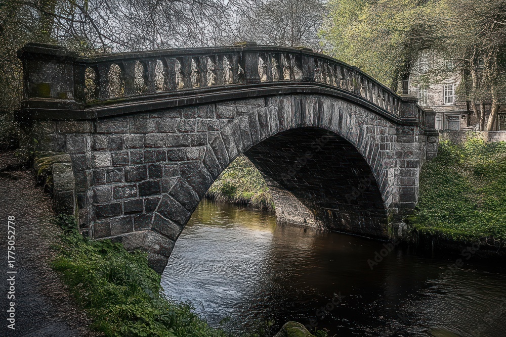 Fototapeta premium Stone arch bridge crossing over a calm river surrounded by leafless and leafy trees in early spring with a cobblestone path on the left side