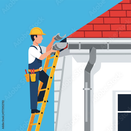 A construction worker on a ladder cleans a gutter on a house, performing home maintenance, with a red roof and blue sky.