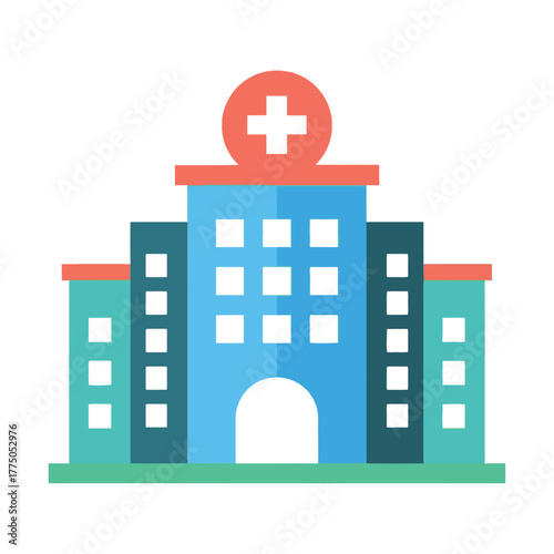 Stylized hospital building icon with a red cross, representing medical facilities and healthcare