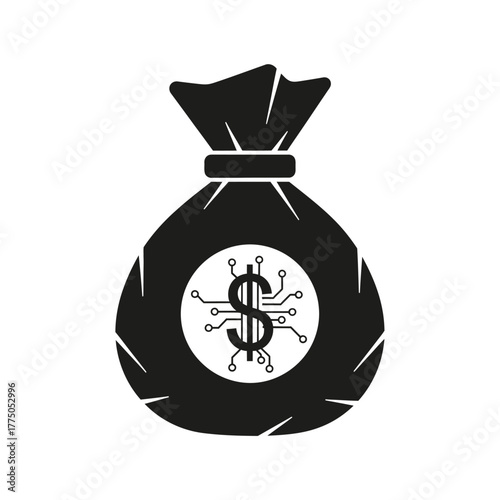 Black silhouette of a money bag with a dollar sign and circuit board pattern, representing digital currency and financial technology