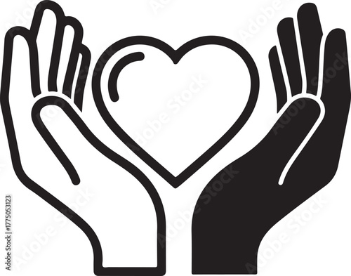 Symbol of care and support, two cupped hands cradling a heart divided vertically, representing unity and compassion. isolated on white background, Vector, illustration