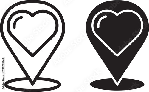 Heart location pin icon set, representing love and finding special places. black and white graphical elements. isolated on white background, Vector, illustration