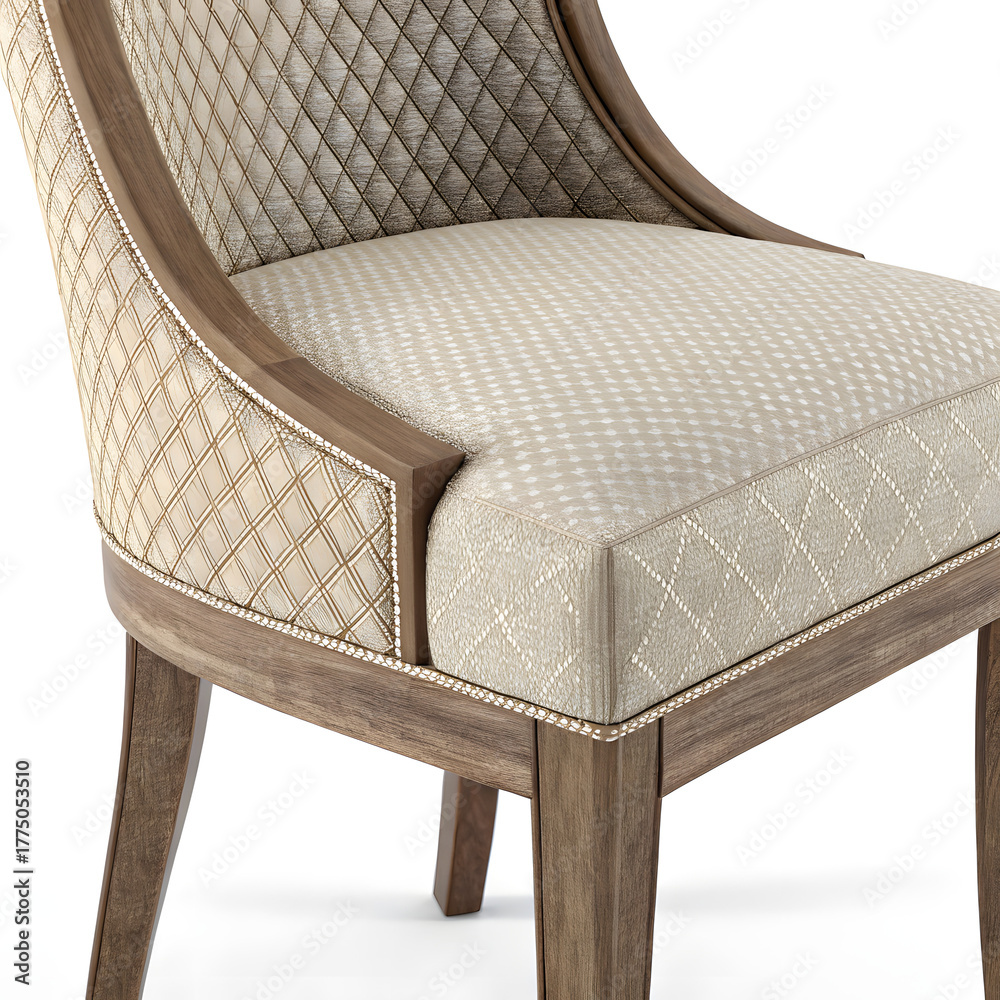 Obraz premium Elegant dining chair detail showcasing quality craftsmanship in warm neutral tones, perfect for interior design inspiration and luxurious home decor concepts