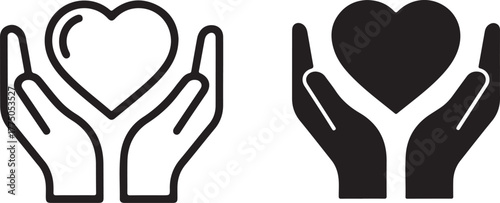 Two stylized hands cradling a heart symbol, one outline and one solid black, representing care and love. isolated on white background, Vector, illustration