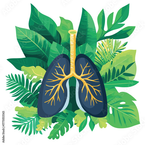 Human lung illustration surrounded by vibrant green leaves concept   , vector style simple color