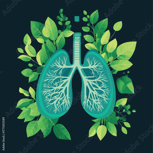 Human lung illustration surrounded by vibrant green leaves concept   , vector style simple color