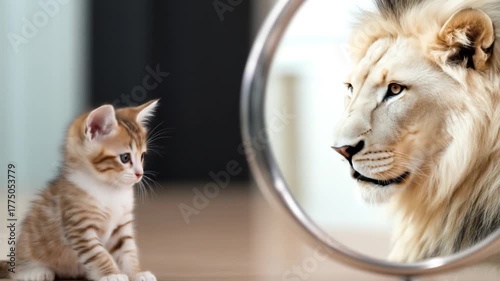 Kitten looking at reflection of powerful lion in mirror symbolizing aspiration and self belief