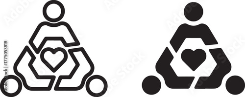 Sustainable lifestyle icon representing people and a heart within a cyclical process with circular elements at the base. isolated on white background, Vector, illustration