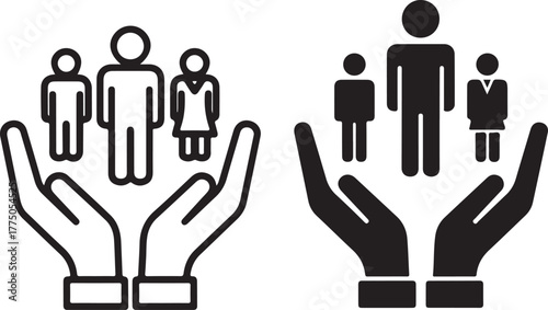 Protecting people icons: diverse group held safely in open hands representing care, support, and security for community. isolated on white background, Vector, illustration