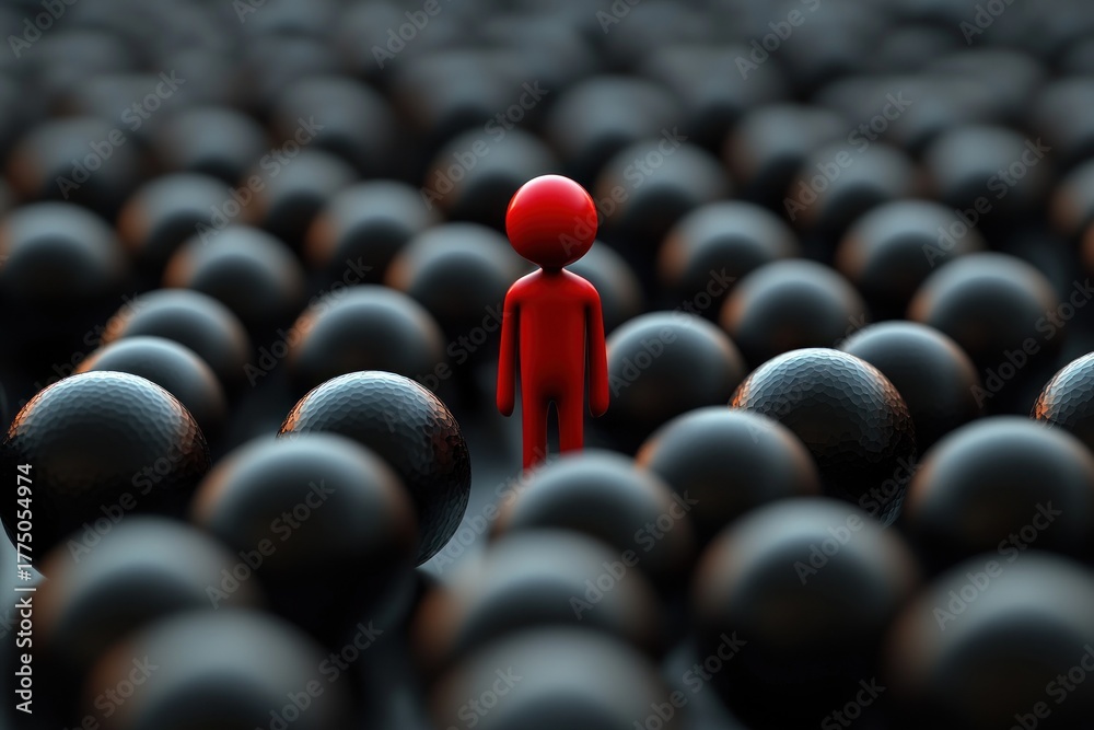 Fototapeta premium Red figure standing alone amidst numerous black spheres with textured surfaces, conveying a sense of isolation and uniqueness in a dark environment