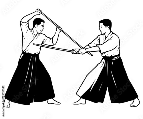 Black and white illustration of two men practicing Kendo or a similar martial art, wielding bamboo swords (shinai) and wearing traditional hakama and keikogi.