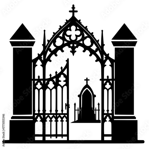 Black silhouette illustration of a gothic cemetery or church entrance gate with ornate wrought iron details, finials, and a central cross.