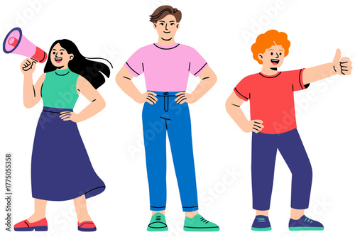 Colorful flat illustration of three young people: a woman speaking through a megaphone, a man standing confidently, and a man giving a thumbs-up gesture.