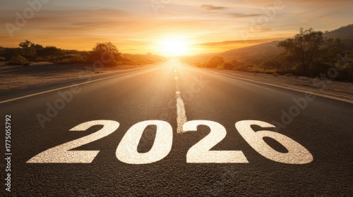 Sunset Road Leading to Future with 2026 Painted on Asphalt