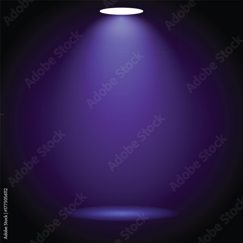 A single spotlight illuminates a dark purple stage with a faint glow
