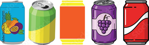 Colorful Beverage Cans Collection: Soda, Juice, and Energy Drink Packaging Set