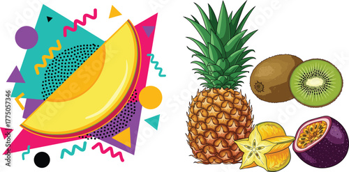 Tropical Fruit Mix: Geometric Melon Slice and Realistic Pineapple, Kiwi, Starfruit, Passion Fruit Set