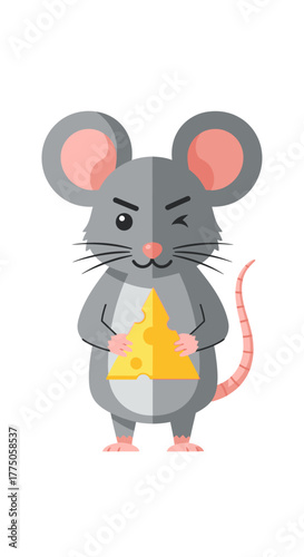 Cute mouse holding cheese with a happy expression.