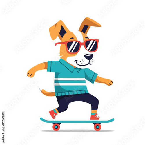 Dog skateboarding with sunglasses enjoying the sunny day.
