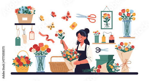 A happy female florist expertly arranges a colorful bouquet, surrounded by various floral creations, tools, and elements of her flower shop.