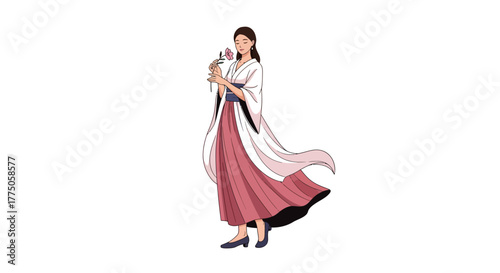 Elegant woman in traditional attire holding flowers.